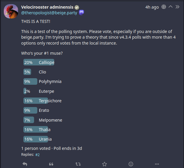 A screenshot of the original post after I voted, so it shows the percentages and number of people that voted. The things to note are that even though I voted it says 0 people voted and has percentages for every option. A screenshot of the original post after I voted, so it shows the percentages and number of people that voted. The things to note are that even though I voted it says 0 people voted and has percentages for every option.